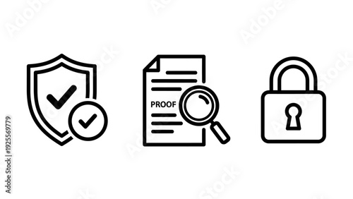 Icons illustrating proof, verification, and security, featuring a shield with a checkmark, a document with a magnifying glass, and a padlock.