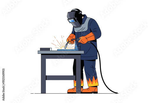 Welding Worker in Protective Gear Working.