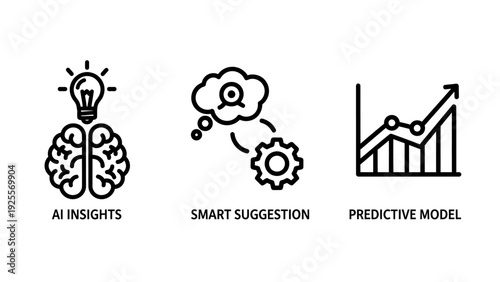 Collection of icons illustrating AI concepts: bright ideas with a lightbulb brain, smart suggestions with gears and thought bubbles, and predictive models shown by a rising graph.