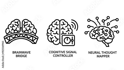 Icons representing advanced cognitive processes: a brainwave bridge connecting hemispheres, a cognitive signal controller with gears, and a neural thought mapper visualizing connections.