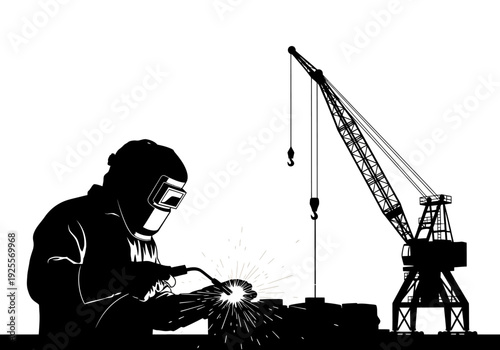 Welder at Work with Crane Nearby.