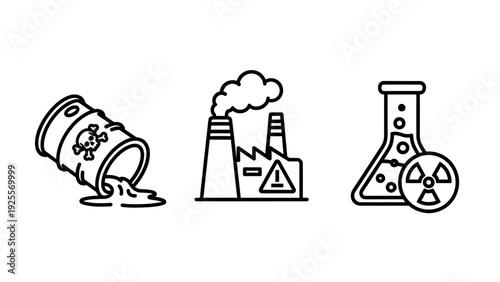 Icons depicting hazardous materials and industrial pollution: a tipped barrel with a skull and crossbones, a factory emitting smoke with a warning sign, and a flask with radioactive material.