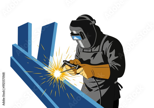Welder in protective gear welding metal.