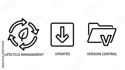 Set of business icons: lifecycle management, software updates, and version control, representing workflow and organization