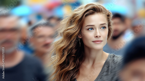 Wallpaper Mural Young woman with wavy blonde hair, blue eyes, and casual clothing stands confidently in busy urban street, soft natural light Torontodigital.ca