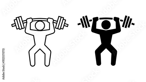 A minimalist icon depicting a person lifting a barbell overhead, presented in two styles.