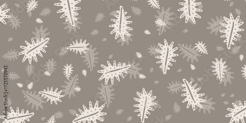 Abstract pattern of light-colored spiky elongated shapes scattered on a muted brown background.