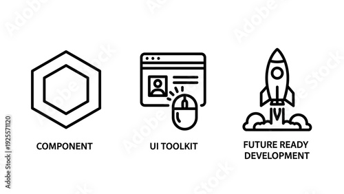 Modern development icons: abstract component, UI toolkit with user profile and mouse, and rocket launching for future-ready development