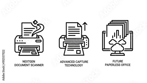 Modern Digital Document Scanning and Paperless Office Icons: Nextgen Scanner, Advanced Capture, Future Technology