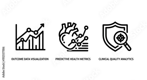 Healthcare Analytics Icons: Outcome Data Visualization, Predictive Health Metrics, and Clinical Quality Analysis Tools