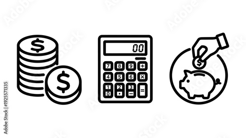 Financial Management Icons: Stacks of Money, Calculator, and Piggy Bank for Budgeting and Savings Concepts