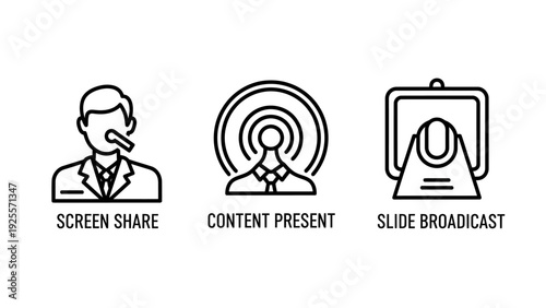 Online Presentation and Remote Communication Icons: Screen Share, Content Presentation, and Slide Broadcast