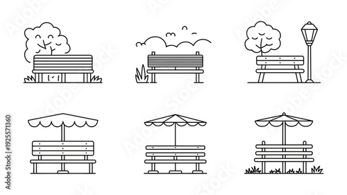 A versatile set of minimalist line icons illustrating different outdoor park benches in various settings.