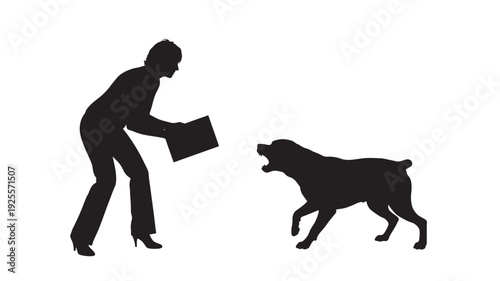 Silhouette woman confronting aggressive dog with open mouth and raised folder in defensive posture, concept of fear, danger, attack prevention, isolated on white
