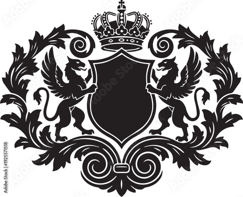 Heraldic crest silhouette with winged griffins and royal crown line art vector illustration