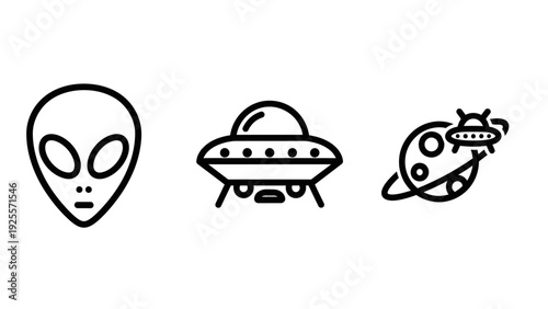 Alien, UFO, and Outer Space Icons: Extraterrestrial Life, Flying Saucer Exploration, and Galactic Universe Concepts