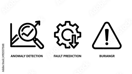 Data analysis, anomaly detection, fault prediction, and warning alert vector icons for operational intelligence and system monitoring.