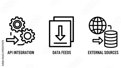 API integration, data feeds, and external sources outline icons for modern software development and data management concepts.