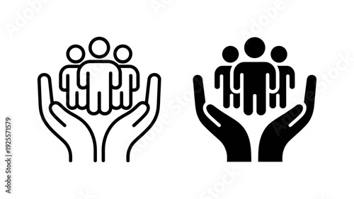 Two distinct icons depict caring hands supporting a group of three stylized human figures, symbolizing community and protection.