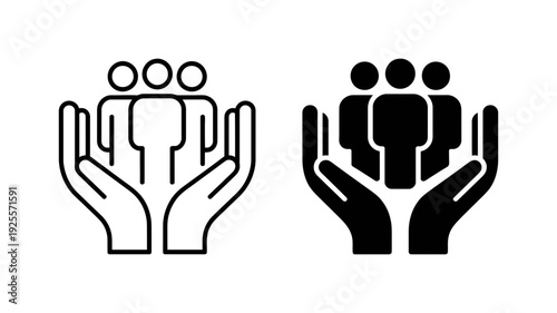 Two simple icons illustrate a pair of hands protecting three abstract human figures, representing collective support and care.