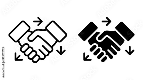 Two handshake icons, one outlined and one filled, with arrows symbolizing partnership and exchange.