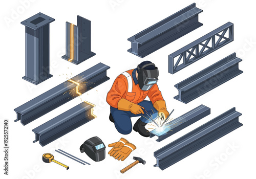 Welder working on metal structures and tools.