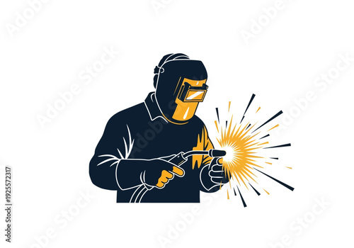 Welding Worker in Protective Gear Working.