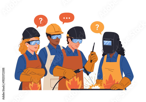 Welders in protective gear working together.