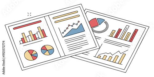 Colorful business and statistical data infographics displayed on paper sheets