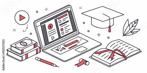 Student using laptop surrounded by study essentials for online learning and research