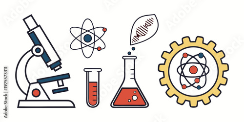 Illustrations depicting key elements of scientific research and innovation.
