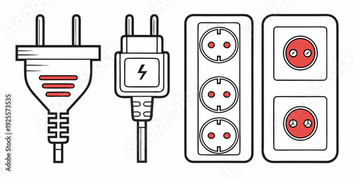 Illustration of electrical plugs, adapters, and wall sockets with safety switches