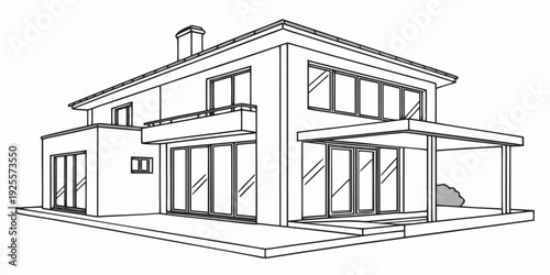 Modern two-story house with large windows and a sloped roof design