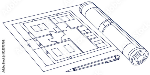 Architectural floor plan drawing with a pencil and rolled blueprint on a drafting table