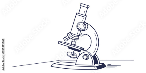 A classic monocular microscope in a minimalist line drawing style.