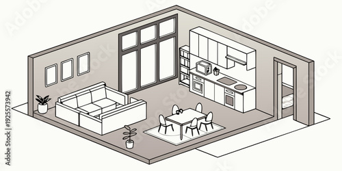 Modern open-plan living room with integrated kitchen and dining area in a stylish home layout