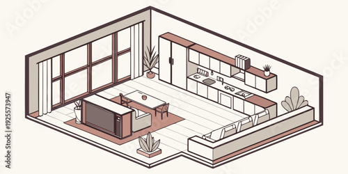 Modern open-plan living room with integrated kitchen and dining area layout