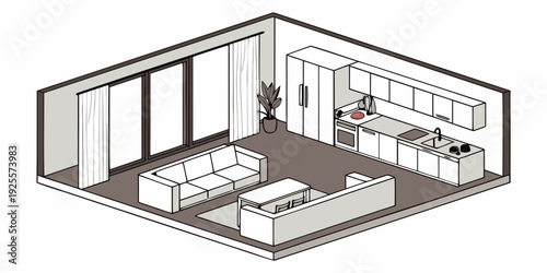 Modern living room with integrated kitchen and bedroom area in a spacious open-plan layout