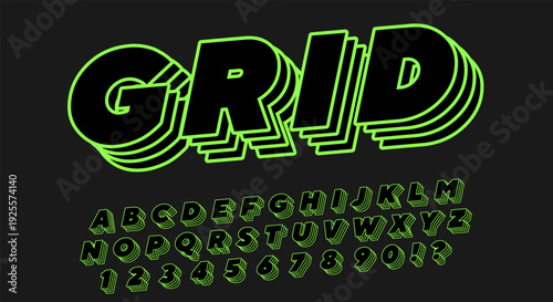 Grid Neon Retro 3D Font - Black Alphabet with Green Layered Shadow on Dark