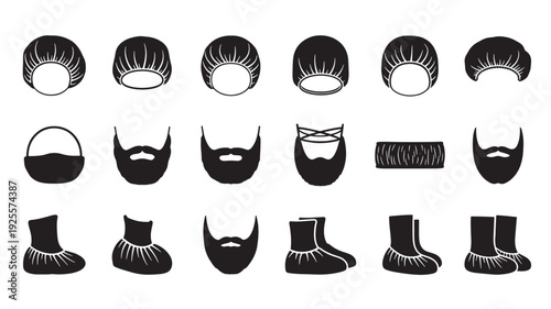Set of 18 Disposable Headwear, Beard Cover, and Shoe Cover Icons Vector