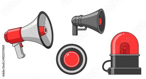 Cartoon style red and grey alert and announcement devices collection including megaphones button and siren light.