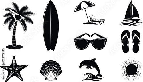 Summer Beach Silhouette Set, Tropical Vacation Vector Icons, Holiday Travel Graphics, Sea Life Elements, Surfboard Sailboard Shapes, Isolated Black, Sun