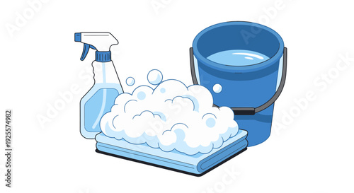 Blue cleaning supplies vector illustration featuring a spray bottle sudsy towel and waterfilled bucket.