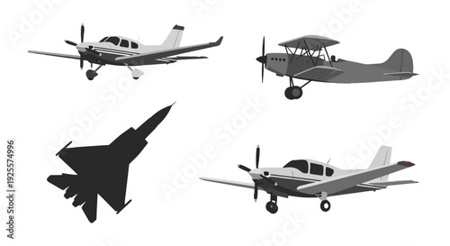 Collection of diverse aircraft illustrations light propeller planes vintage biplane and modern jet fighter silhouette.
