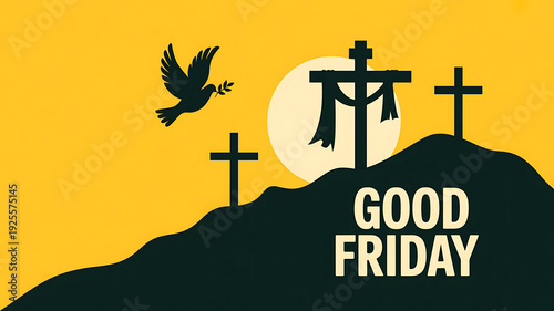 Modern graphic for Good Friday with a dove and crosses on a hill under the sun, depicted in a bold silhouette style on a vibrant yellow background.