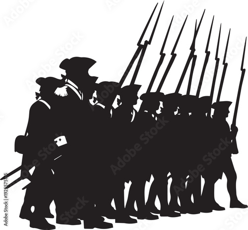 Marching continental army soldiers group silhouette vector illustration line art historical