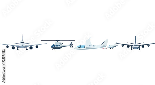 Diverse cartoon aircraft collection passenger jets helicopter and private plane illustrations in a flat style.