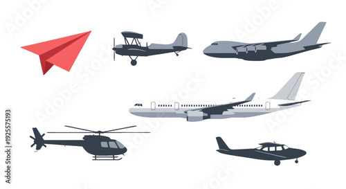 Diverse aircraft collection red paper plane biplane large cargo jet passenger airliner helicopter and small private plane.
