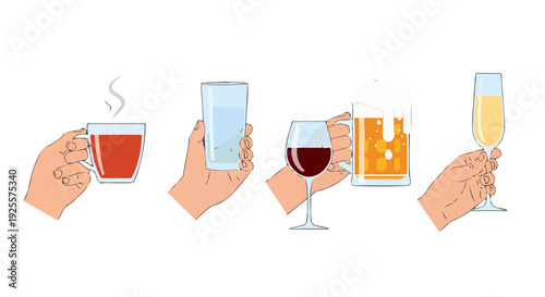 Diverse hands holding various beverages hot tea water red wine foamy beer and sparkling champagne.