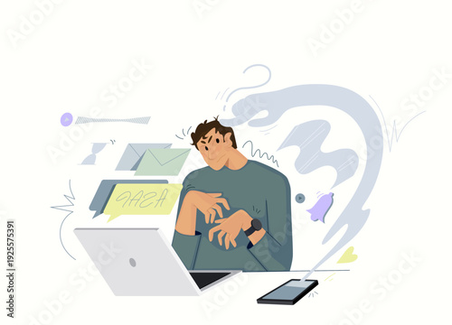 Digital Overload and Multitasking Stress Concept, Man Working on Laptop Surrounded by Chaotic Notifications and Urgent Messages Vector